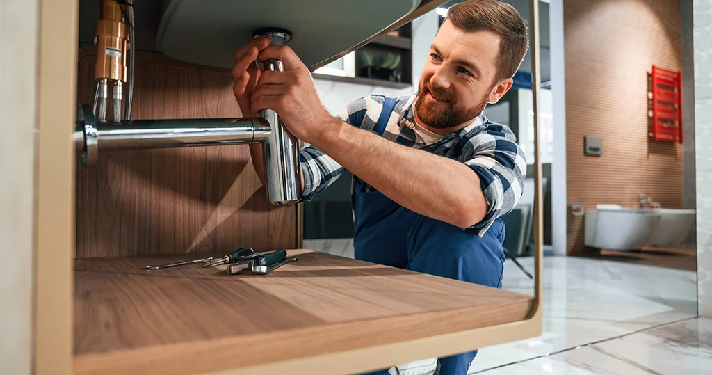 Plumber in blue uniform works under sink in bathroom