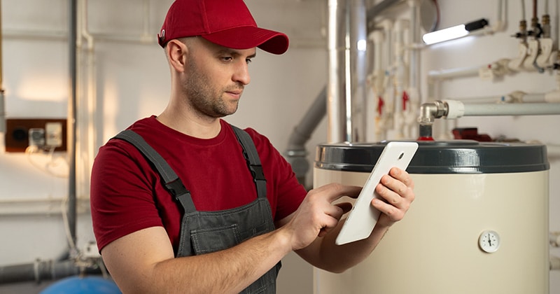 Plumber inspects household water heater and holds a tablet for notes