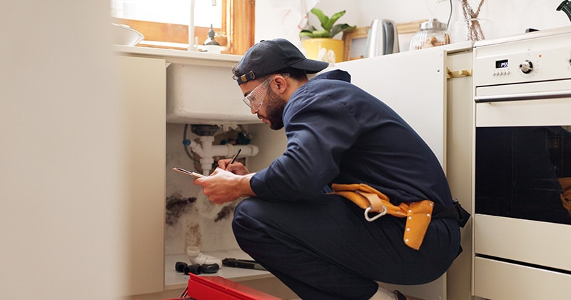 Plumber makes notes while kneeling in front of kitchen sink