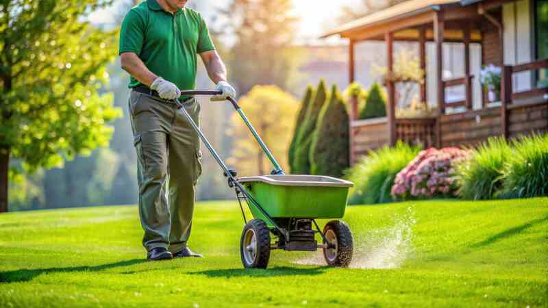 Professional landscaping gardener using push spreader to fertilize lush green residential grass lawn