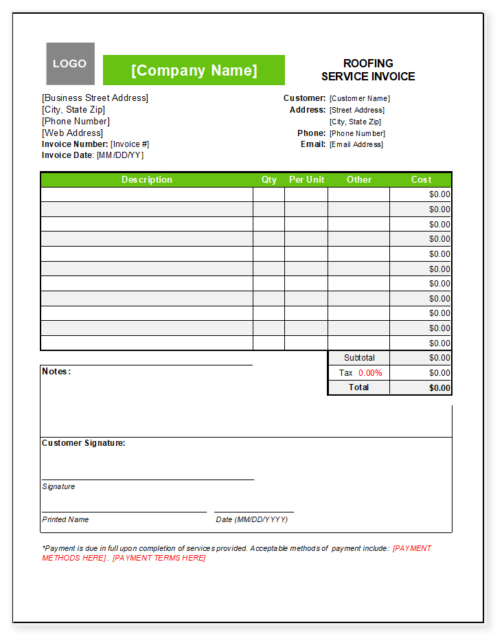screenshot of roofing invoice template
