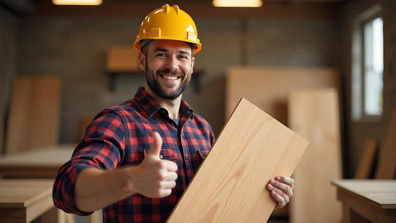 Smiling worker in a plaid shirt and safety helmet holding a wooden flooring sample