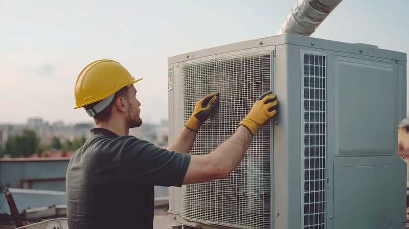 Technician Works on Rooftop Air Conditioning Unit hvac professional