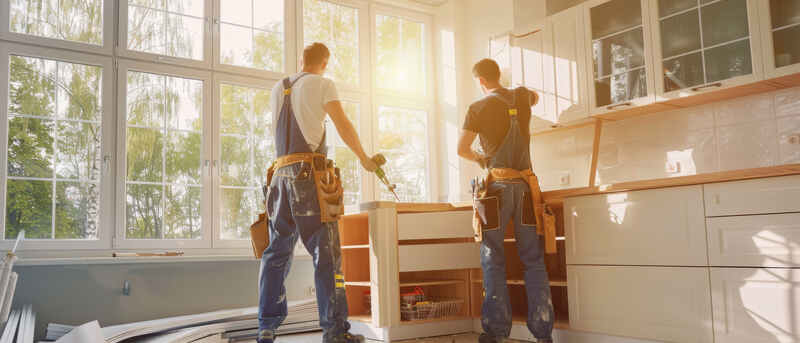 Two construction workers in overalls refurbishing a sunlit kitchen with modern white cabinets and large windows