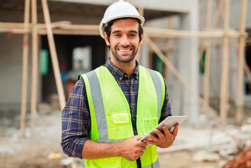 Smiling civil engineer in a safety vest and hard hat holding a digital tablet at a construction site.