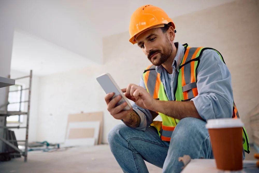 • A manual construction worker wearing an orange hard hat and safety vest texting on a cell phone during a house renovation break.