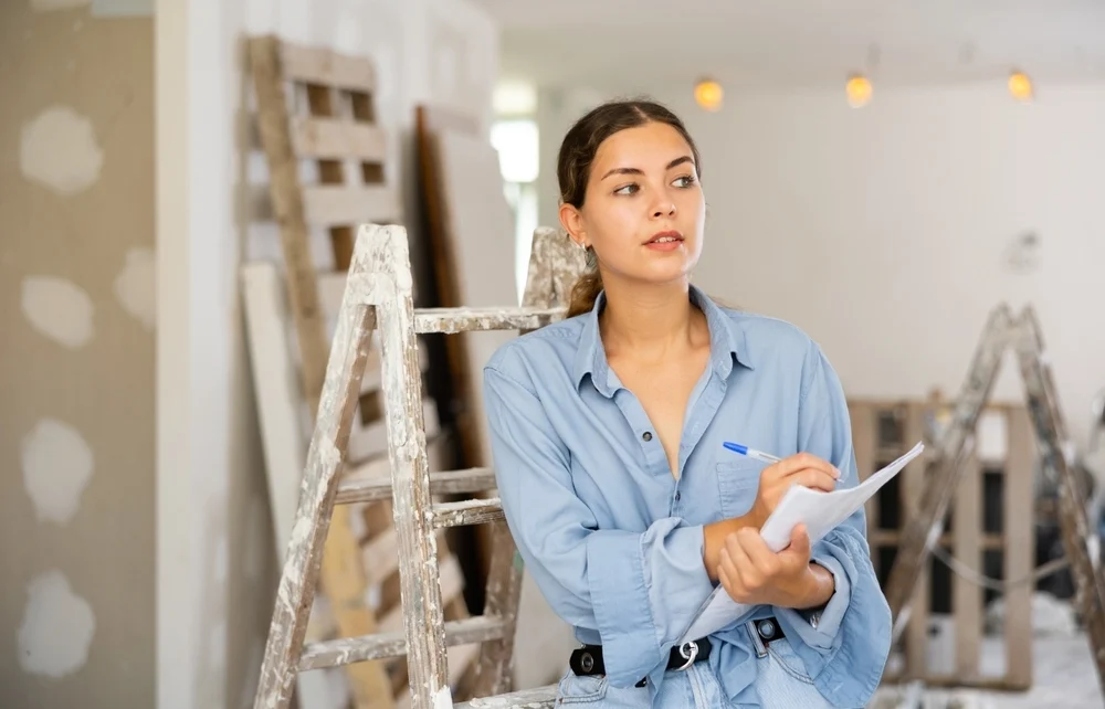 A woman planning a home renovation project while holding a clipboard and pen.