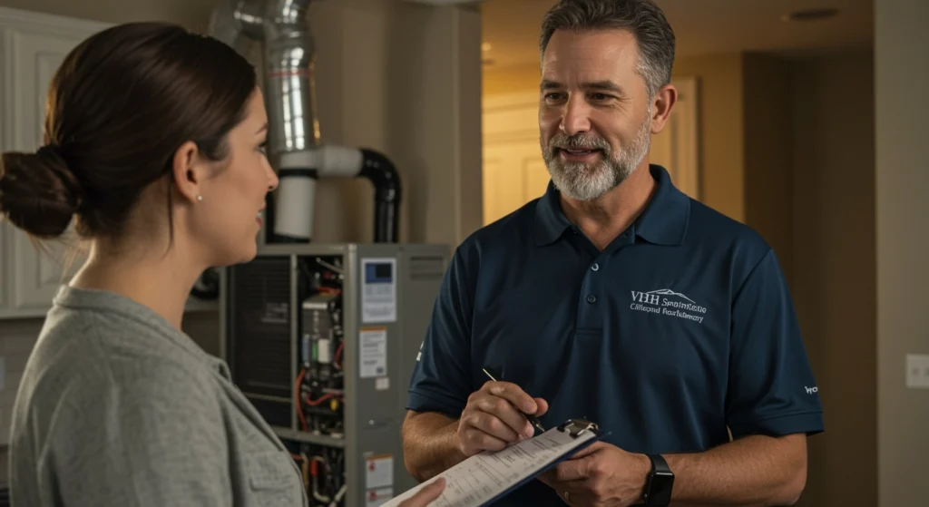 An HVAC technician talking to a homeowner next to a furnace.