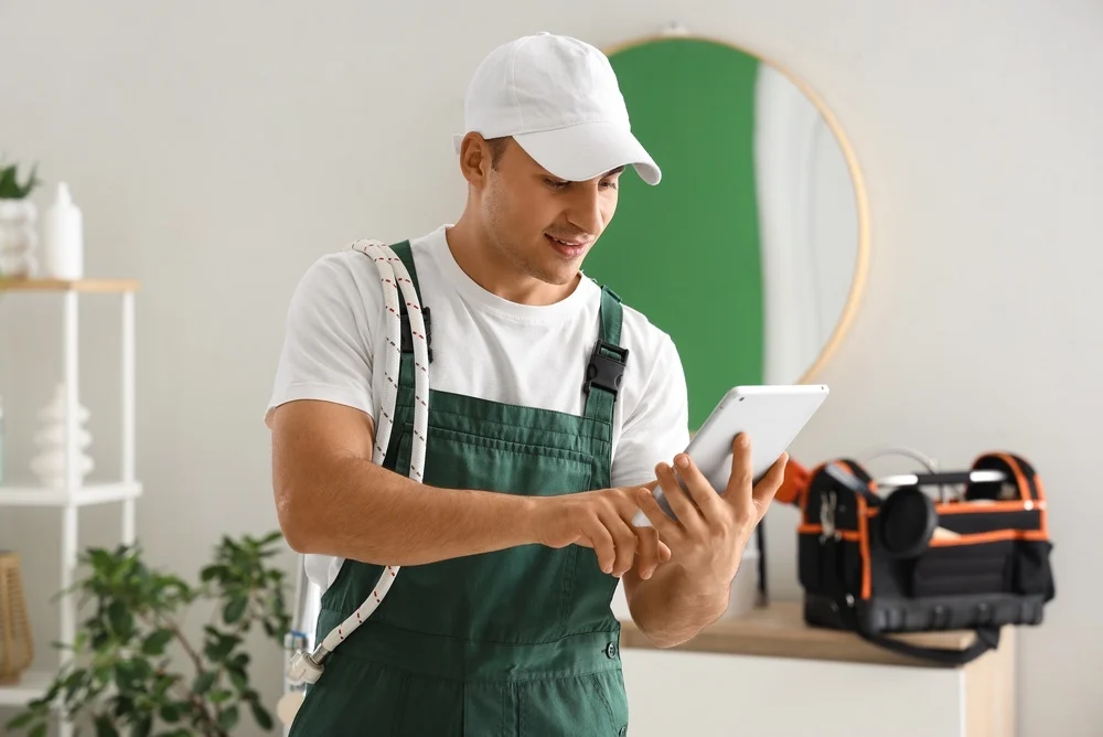 A young plumber in green overalls looking at a digital tablet while holding a pipe coil.