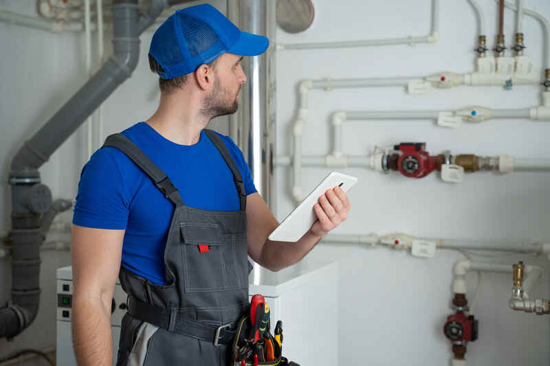 worker in a protective suit uses a tablet while checking the boiler equipment