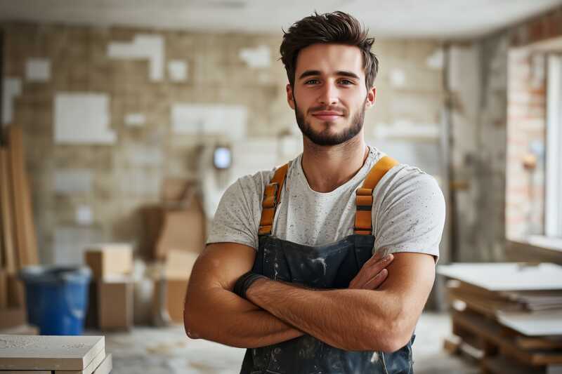 young contractor in work clothes, arms crossed in construction site